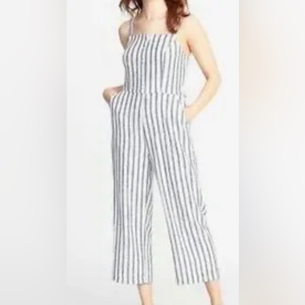 Old Navy Linen Striped Blue and White Wide-Leg Jumpsuit S